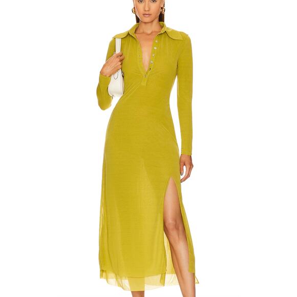 Song of Style Chartreuse Midi Shirt Dress SMALL Career Slit Designer $228 NEW - Picture 1 of 8